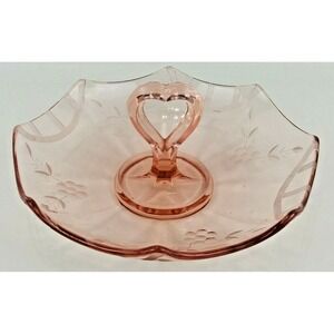 Pink Depression Etched Heart Shaped Handle Candy Dish Compote
